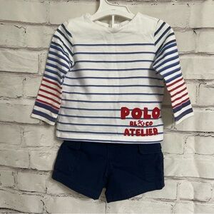 Ralph Lauren baby striped longsleeve tee and cargo shorts outfit, size 9m